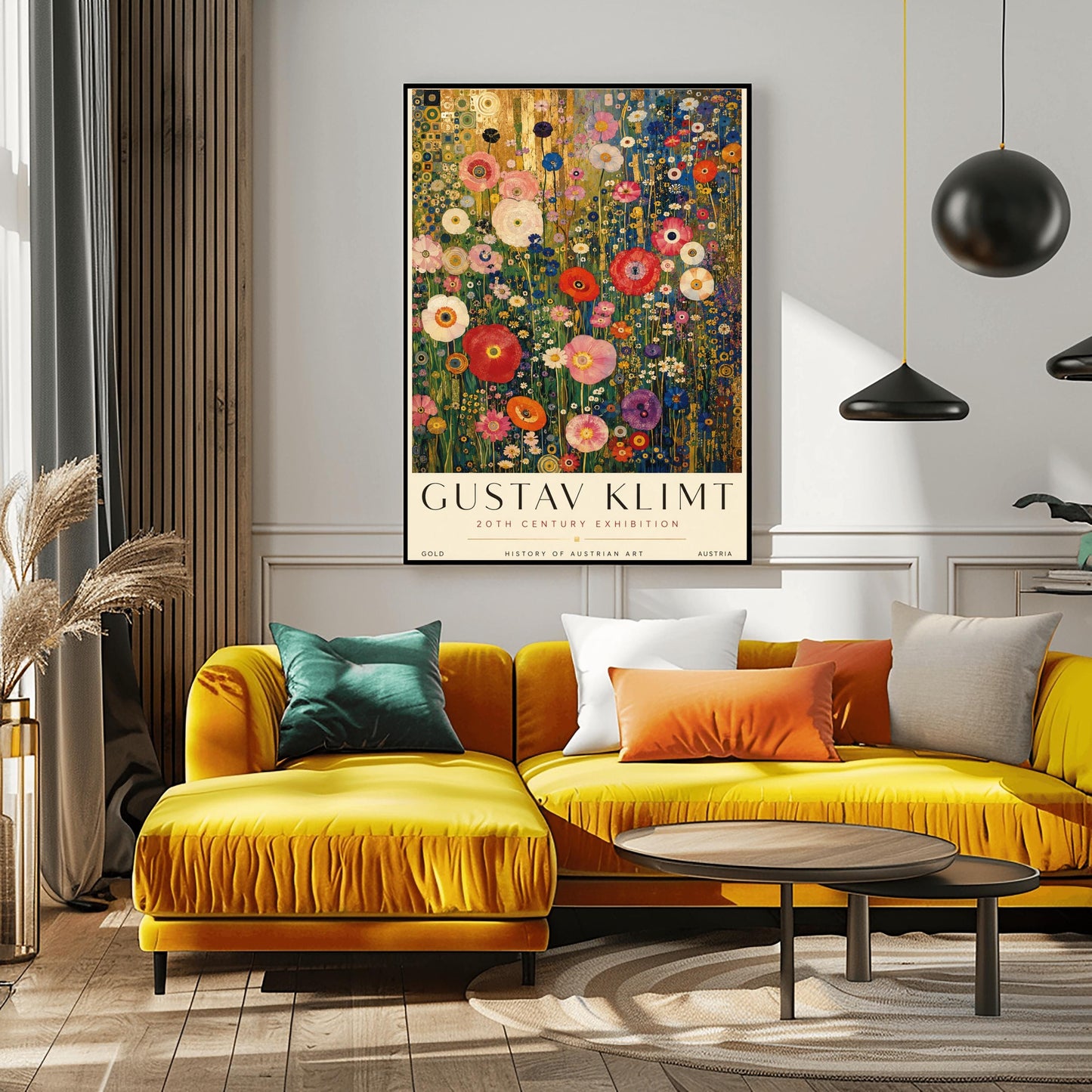 A vertical retro exhibition poster for Gustav Klimt set on a wide ivory border. The central image shows a detailed Art Nouveau illustration of a dense field of tall poppies and wildflowers in shades of red, pink, white, orange, and purple. The background behind the flowers features metallic gold patterns and concentric circles on the left, and a dark blue grid design on the right. The text at the top reads "GUSTAV KLIMT" in a clean black font