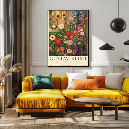 A vertical retro exhibition poster for Gustav Klimt set on a wide ivory border. The central image shows a detailed Art Nouveau illustration of a dense field of tall poppies and wildflowers in shades of red, pink, white, orange, and purple. The background behind the flowers features metallic gold patterns and concentric circles on the left, and a dark blue grid design on the right. The text at the top reads "GUSTAV KLIMT" in a clean black font