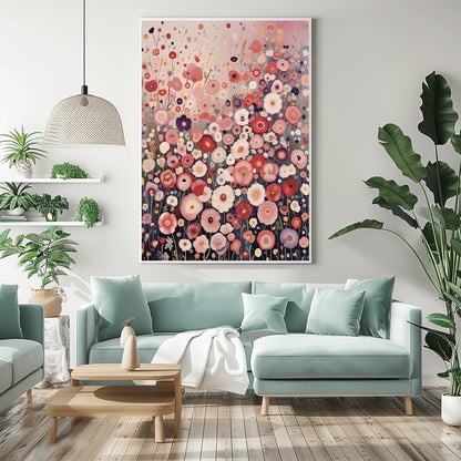a modern living room with a large floral painting hanging on the wall above a blue sofa. The room is decorated with various potted plants and a wooden coffee table.