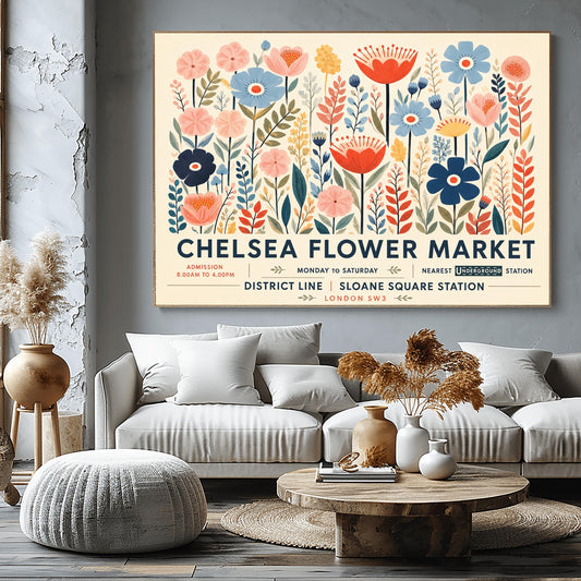 A retro-style botanical poster on a cream background. The upper two-thirds features a dense, vertically oriented pattern of stylized folk-art flowers and leaves in shades of orange, light blue, navy, pink, and yellow. The bottom third features bold text that reads "CHELSEA FLOWER MARKET" in large navy lettering, with smaller subtext detailing admission hours, "MONDAY TO SATURDAY", and directions to the "DISTRICT LINE | SLOANE SQUARE STATION | LONDON SW3".