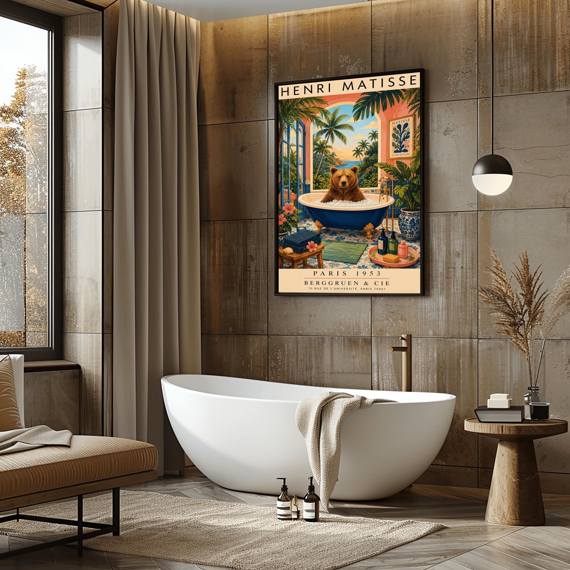 A vertical retro Henri Matisse exhibition poster on a wide cream border. The main image shows a surreal illustration of a large brown bear taking a bubble bath in a navy blue clawfoot tub with gold feet. The bathroom features blue patterned floor tiles, a pink wall with a framed Matisse cut-out poster, and a massive open arch window overlooking a tropical beach with palm trees and a blue ocean at sunset