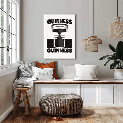 A vertical black and white minimalist graphic. Two white hands hold a central pint of Guinness from both sides. The word "GUINNESS" appears in bold black text both at the top and the bottom of the cream-colored background.