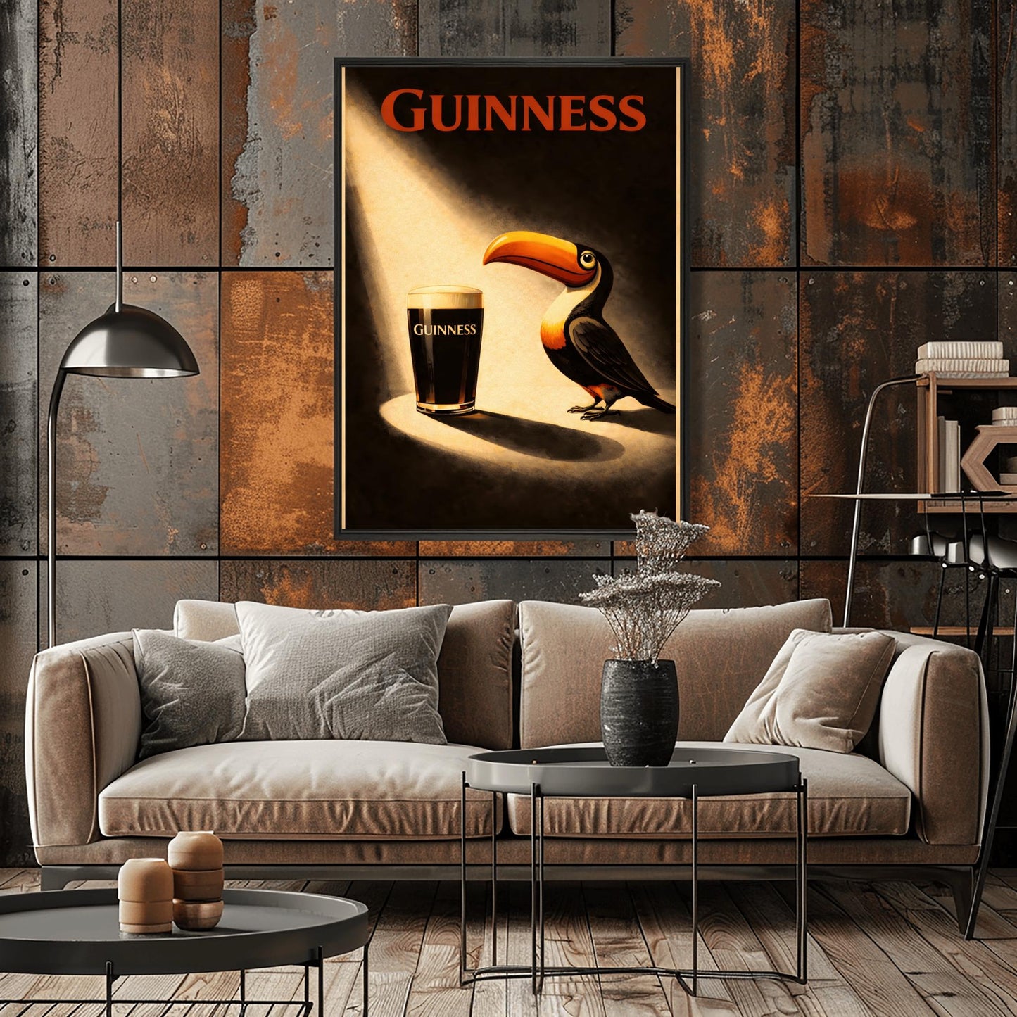 A vertical vintage-style poster. A bright spotlight shines down on a pint of Guinness with a creamy head. A colorful toucan stands in the light next to the glass, looking at it. The background is dark and moody with "GUINNESS" written in red at the top.
