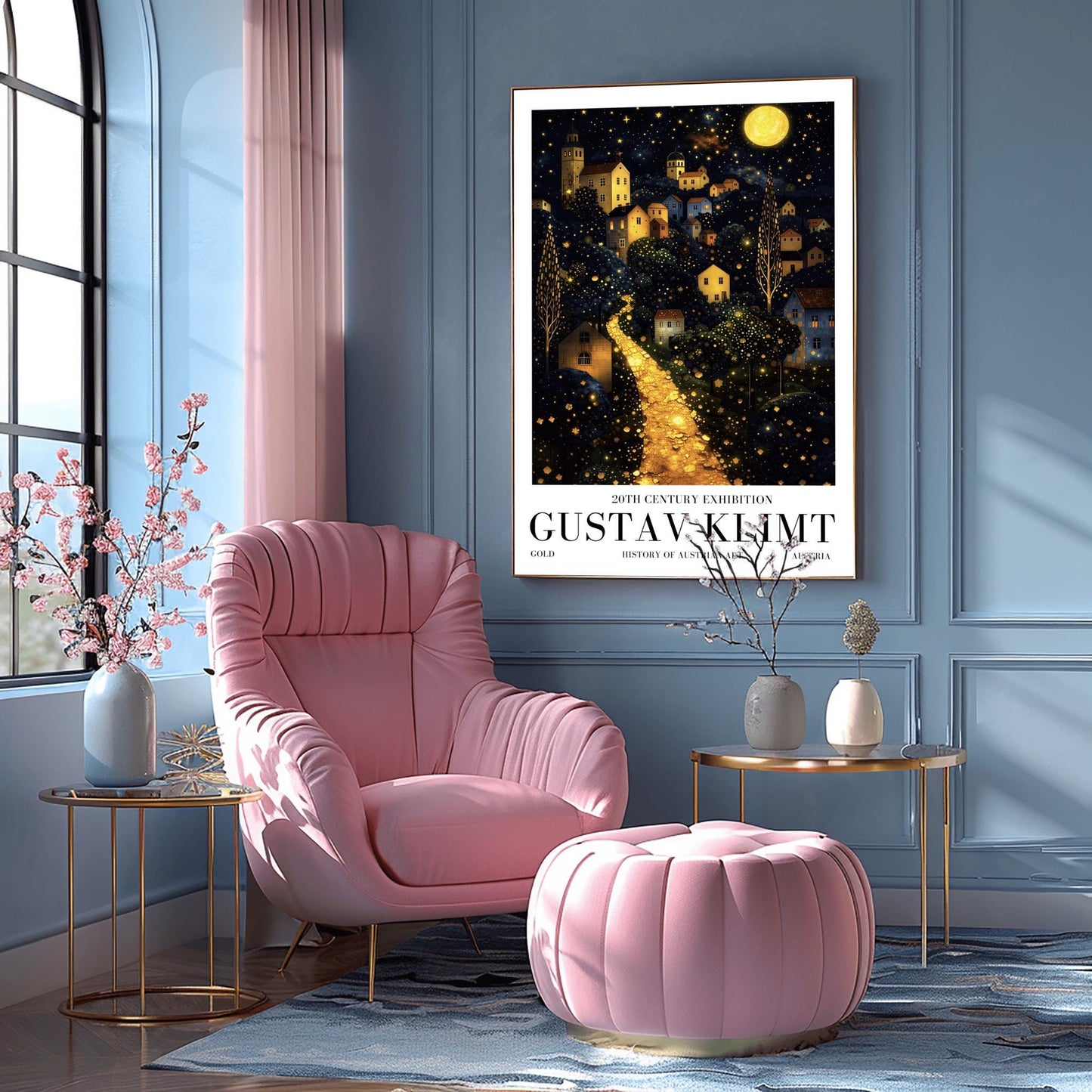 A vertical fine art landscape in the style of Gustav Klimt. A brilliant, glowing golden path winds up a dark hillside toward a village with lit windows. The deep blue night sky is filled with many stars and a large, textured golden moon. The trees are decorated with small, shimmering golden dots.