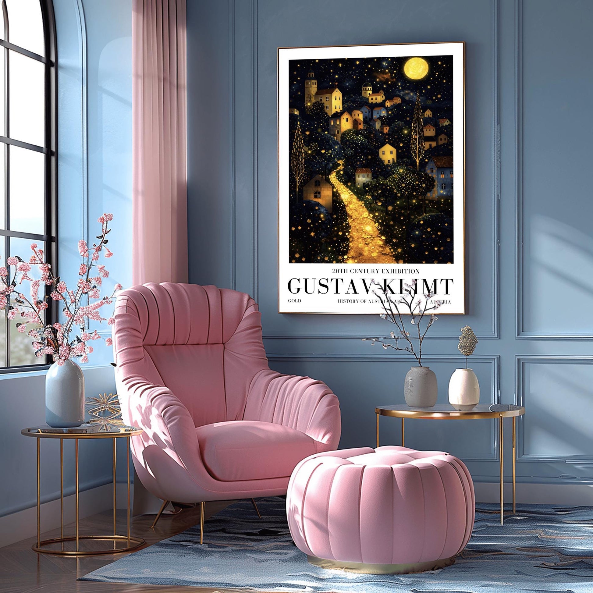 A vertical fine art landscape in the style of Gustav Klimt. A brilliant, glowing golden path winds up a dark hillside toward a village with lit windows. The deep blue night sky is filled with many stars and a large, textured golden moon. The trees are decorated with small, shimmering golden dots.