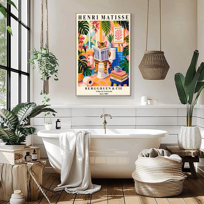 Tabby Cat on Toilet Art Print: Funny Matisse Style Bathroom Wall Art