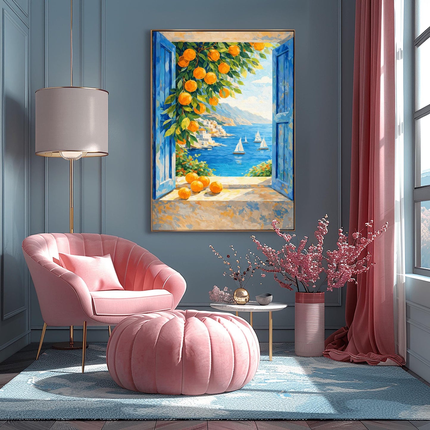 A vertical painterly illustration of a view through an open window with blue shutters. A branch with many bright oranges hangs in the top left. Outside, white sailboats float on a deep blue sea next to a white hillside village and mountains.