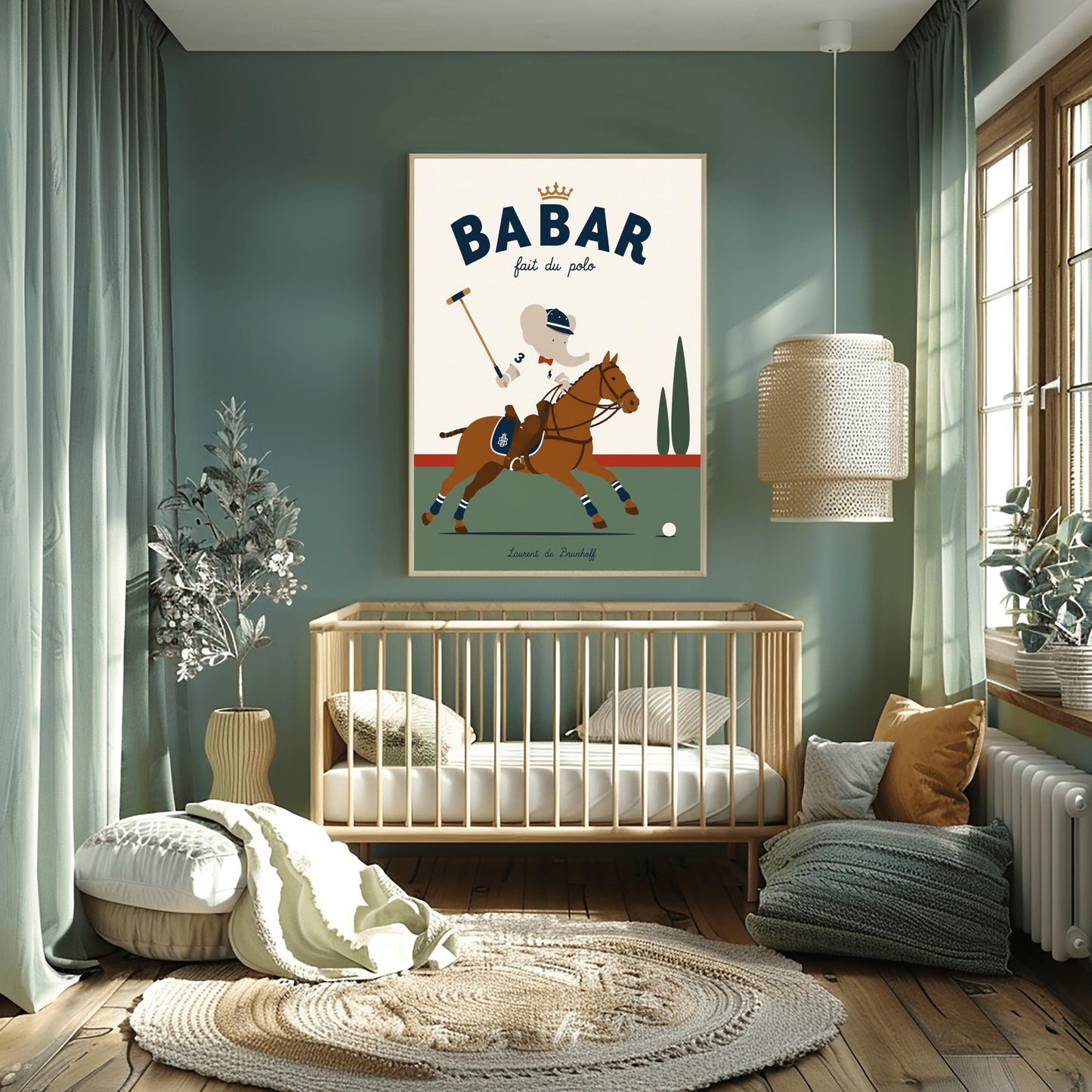A vertical storybook-style art print of Babar the Elephant playing polo. Babar is riding a chestnut brown horse, wearing a white jersey with the number 3, a red bow tie, and a navy riding helmet. He holds a polo mallet in one hand. The horse has navy and white striped leg wraps. The background features a green field, a red horizon line, and two green cypress trees under a cream sky. The top reads "BABAR fait du polo" with a gold crown.