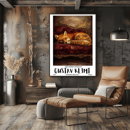 A vertical exhibition poster for Gustav Klimt featuring a red fox sleeping on a dark crimson velvet antique sofa. The fox's haunches are covered in golden mosaic flowers and jewels. Bold text at the bottom reads "GUSTAV KLIMT" and "Ornamental Surrealism."