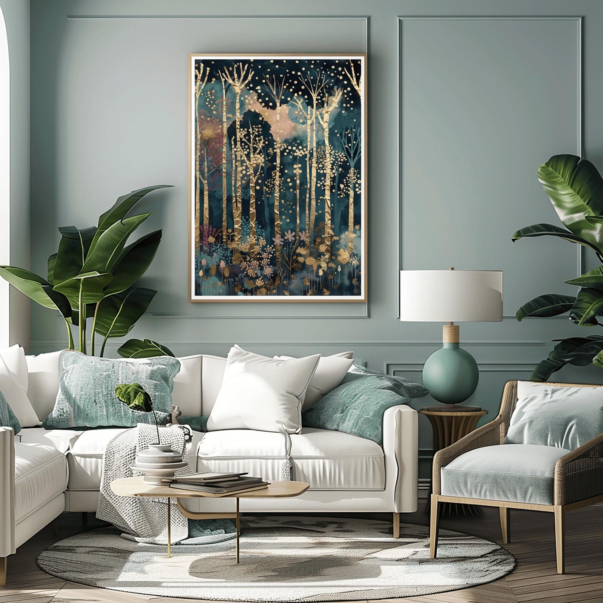 A vertical fine art painting in the style of Gustav Klimt. Tall, slender birch trees with heavy gold-leaf textures and dark geometric patterns rise against a dark teal and navy midnight sky. The sky is filled with floating golden orbs and stardust. At the bottom, a delicate layer of pink and blue stylized flowers grows among the roots. The overall mood is quiet, luxurious, and magical.
