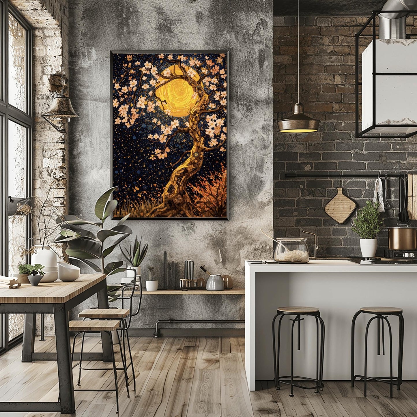 A vertical fine art print in the style of Gustav Klimt. A twisting tree trunk made of gold and bronze mosaic tiles features delicate white blossoms. A massive, swirling golden moon sits behind the branches against a dark navy sky filled with star patterns and blue circles.
