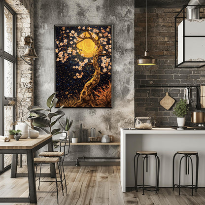 A vertical fine art print in the style of Gustav Klimt. A twisting tree trunk made of gold and bronze mosaic tiles features delicate white blossoms. A massive, swirling golden moon sits behind the branches against a dark navy sky filled with star patterns and blue circles.