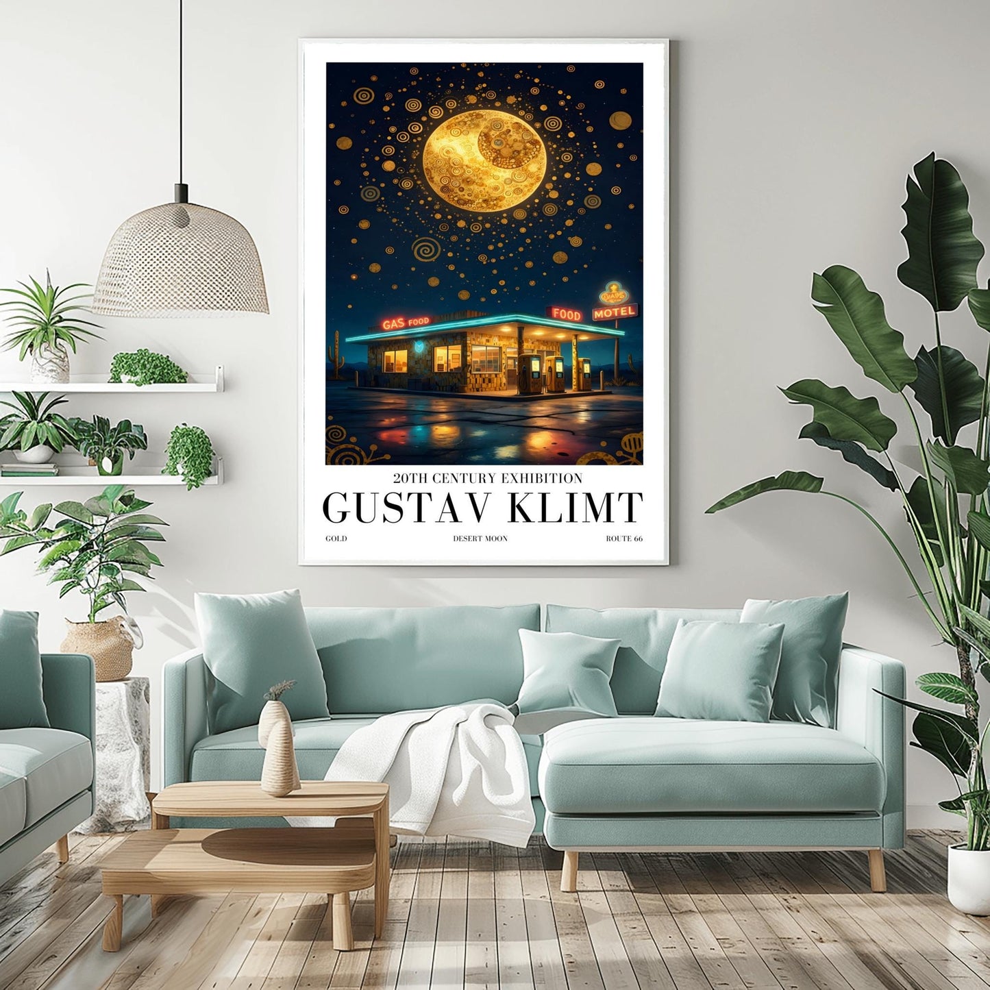 A vertical museum exhibition poster in the style of Gustav Klimt. A retro mid-century gas station and motel with neon signs stand in a desert landscape at night. A massive, ornate golden moon with mosaic patterns fills the top of a sky crowded with golden spirals and symbols. Bold black text at the bottom reads "GUSTAV KLIMT" and "DESERT MOON."
