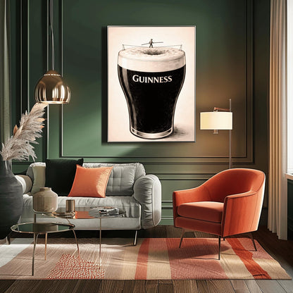 A vertical charcoal-style illustration of a pint of Guinness. A tiny silhouette of a person balances on a tightrope stretched across the white foam at the top of the glass. The body of the beer is deep black with the word "GUINNESS" in white. The background is a light, textured cream.