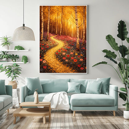 A vertical fine art landscape in the style of Gustav Klimt. Slender birch trees with white and black bark stand in a forest with glowing golden leaves. A winding path made of golden mosaic circles leads through a meadow of red and pink poppies toward a sun-drenched, ethereal background.
