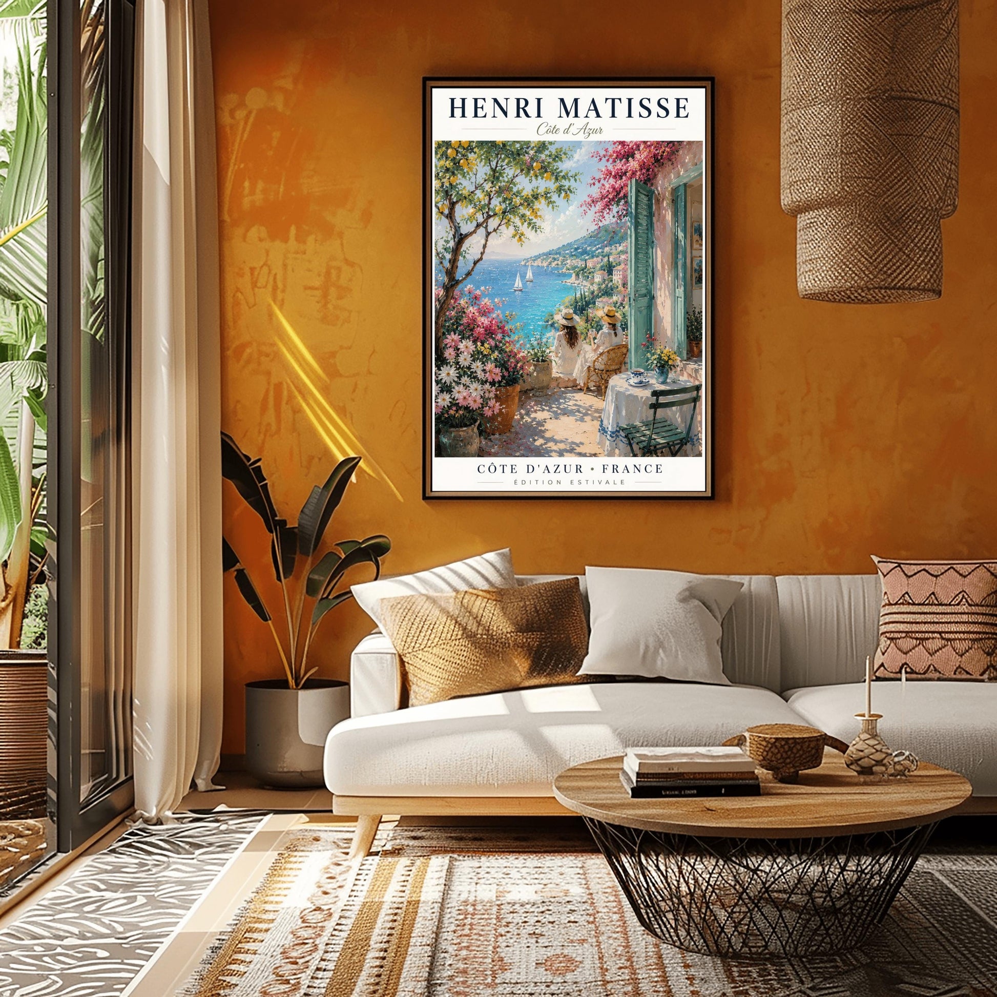 A vertical retro French exhibition poster for Henri Matisse Côte d'Azur on a wide ivory border, as seen in Screenshot 2026-06-06 at 23.18.59.png. The main image shows a beautiful summer illustration of a stone terrace overlooking the blue Mediterranean Sea where two white sailboats float. On the terrace, two women wearing white dresses and straw hats sit facing the water. To the left stands a green lemon tree with yellow fruit and large pots of pink and white flowers.