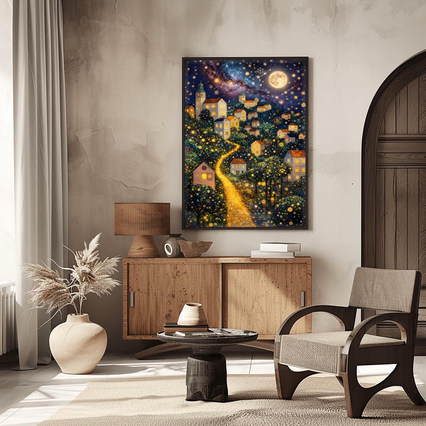 A vertical fine art painting in the style of Gustav Klimt. A hillside village with white houses and orange roofs is illuminated by a large, textured golden moon and a swirling starlit sky. A bright, glowing golden path winds through the village houses and mosaic-patterned trees. At the bottom, a dark sea reflects the shimmering lights. The style is highly decorative with gold leaf textures.