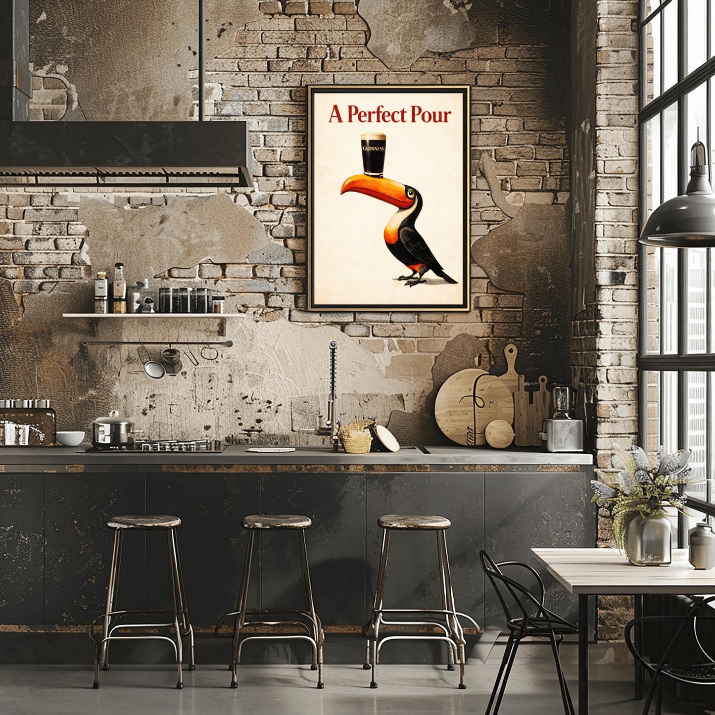 A vertical minimalist vintage-style poster. A colorful toucan with a bright orange beak balances a single pint of dark Guinness beer on its bill. The background is a clean, textured cream color. Bold red text at the top reads "A Perfect Pour."