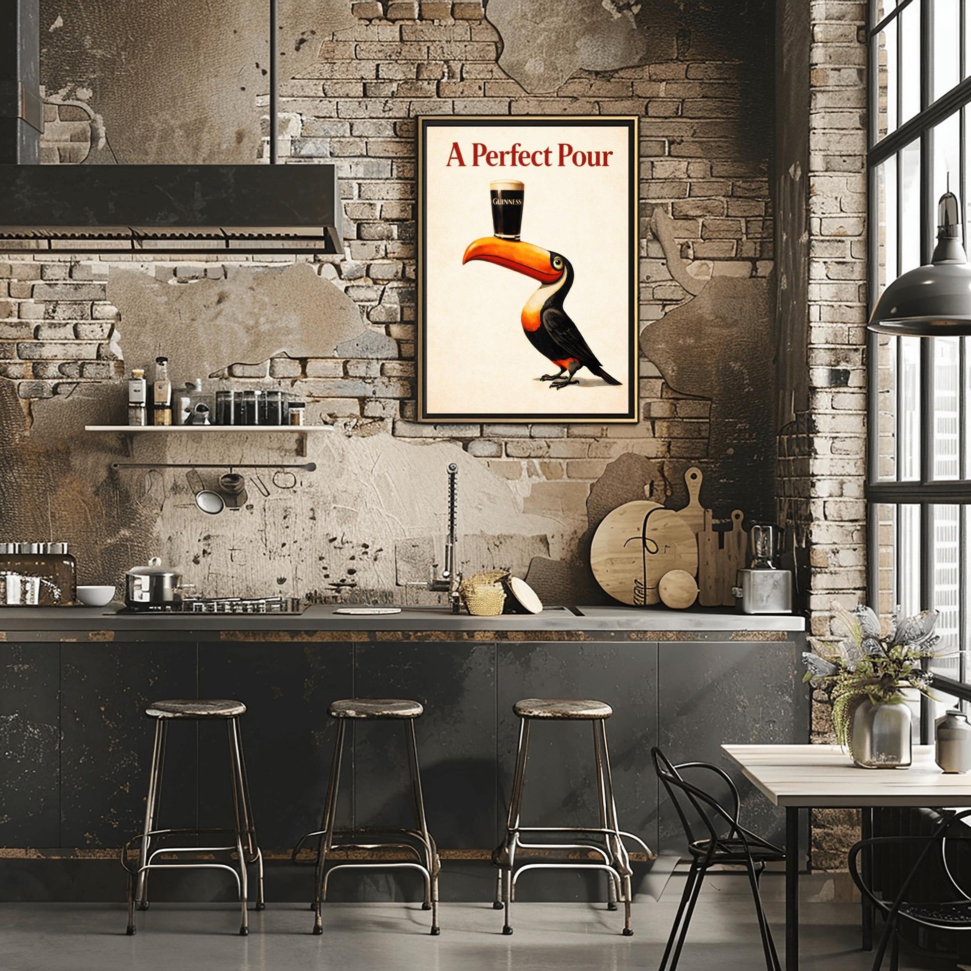 A vertical minimalist vintage-style poster. A colorful toucan with a bright orange beak balances a single pint of dark Guinness beer on its bill. The background is a clean, textured cream color. Bold red text at the top reads "A Perfect Pour."