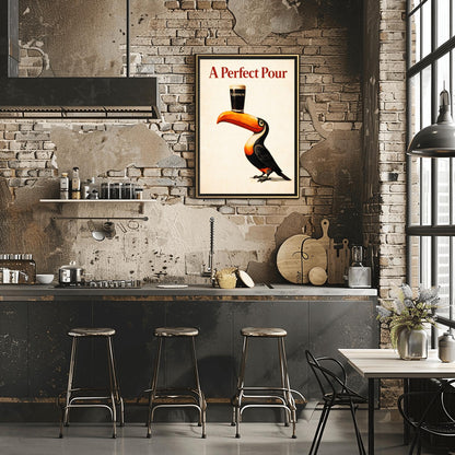 A vertical minimalist vintage-style poster. A colorful toucan with a bright orange beak balances a single pint of dark Guinness beer on its bill. The background is a clean, textured cream color. Bold red text at the top reads "A Perfect Pour."