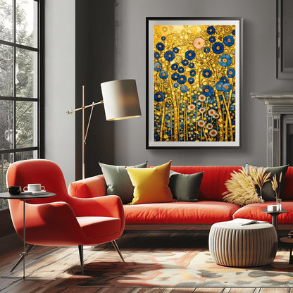 A vertical fine art landscape in the style of Gustav Klimt. A dense cluster of deep blue flowers with gold centers and white daisies grows against a textured gold leaf background filled with spirals and geometric patterns. The stems are slender and golden, creating a rich, mosaic-like botanical tapestry.