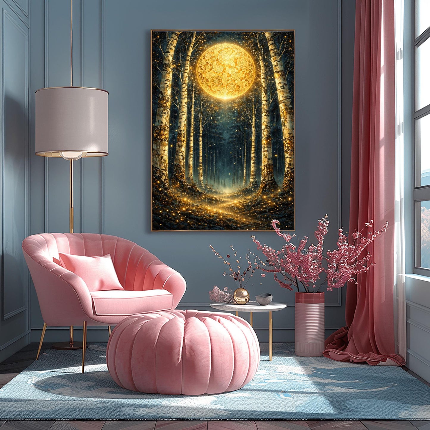 A vertical digital illustration of a birch forest at night. A large, ornate golden moon with swirling patterns glows at the end of a path. The white birch trees are speckled with gold. The ground is covered in sparkling golden lights against a deep dark blue background.