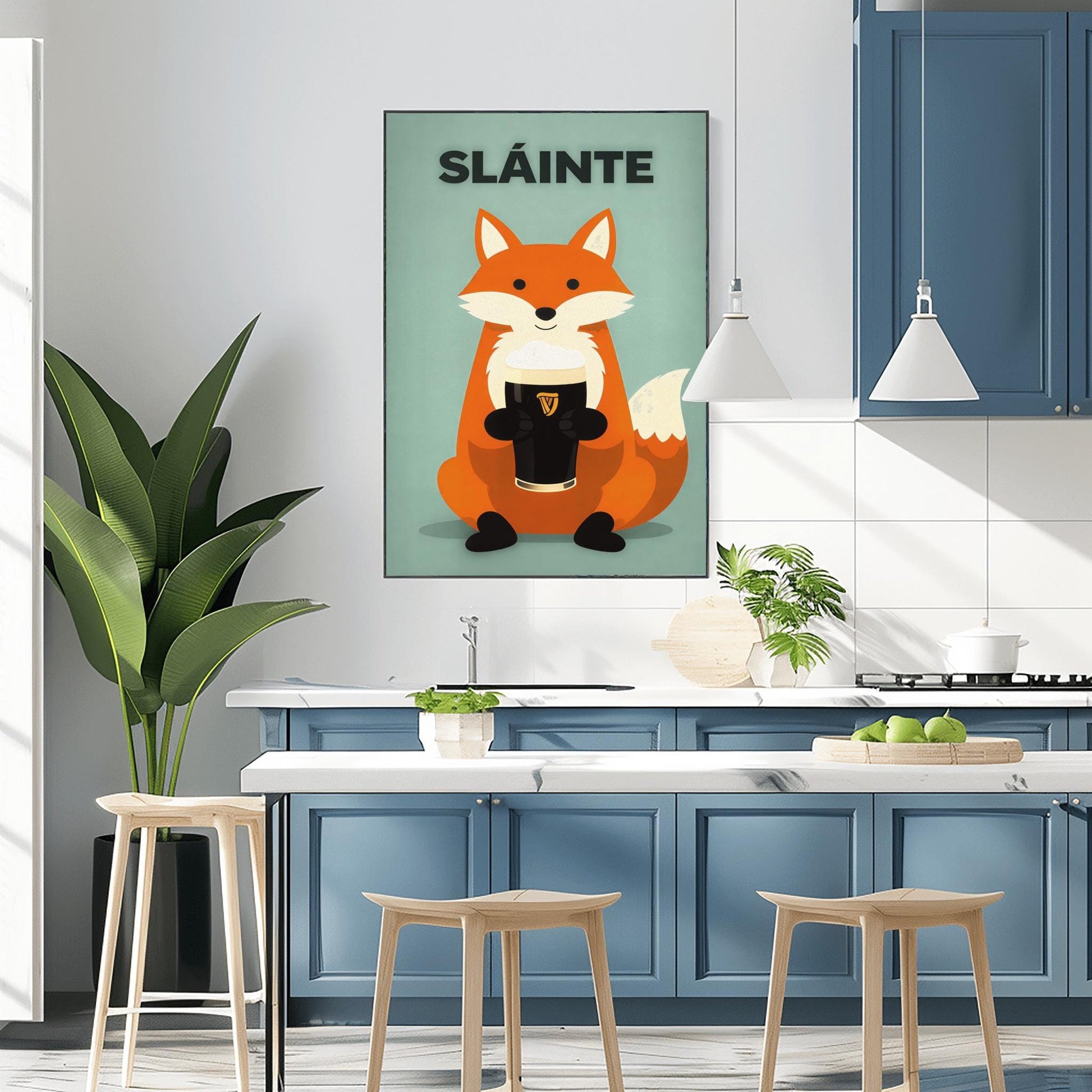 A vertical modern illustration of a cute orange fox sitting and holding a pint of Guinness with both paws. The word "SLÁINTE" is written in bold gray letters at the top. The background is a soft, textured mint green.