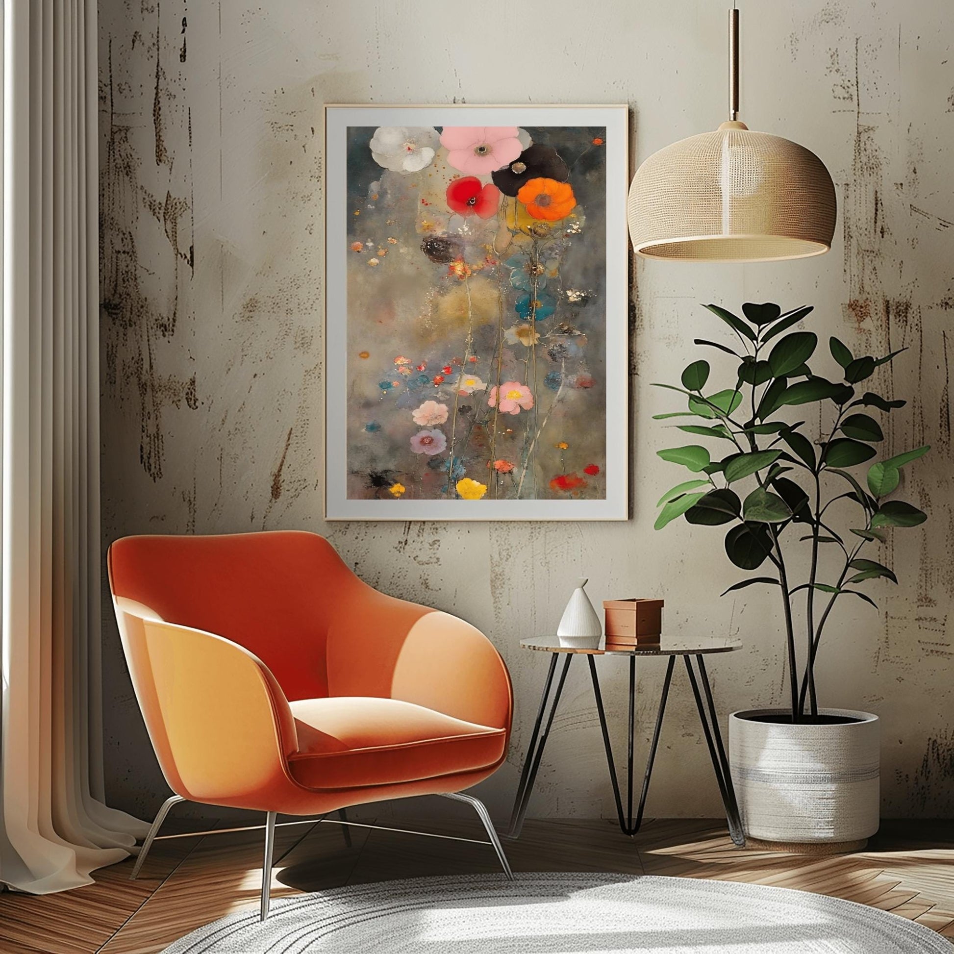 A vertical oil painting in the style of Gustav Klimt with an ethereal, muted twist. A cluster of large, soft-petaled poppies in coral, pink, and white rise from the bottom against a moody, textured grey and gold background. The painting features subtle splatters and impressionist brushwork, creating a dreamy, atmospheric garden scene.
