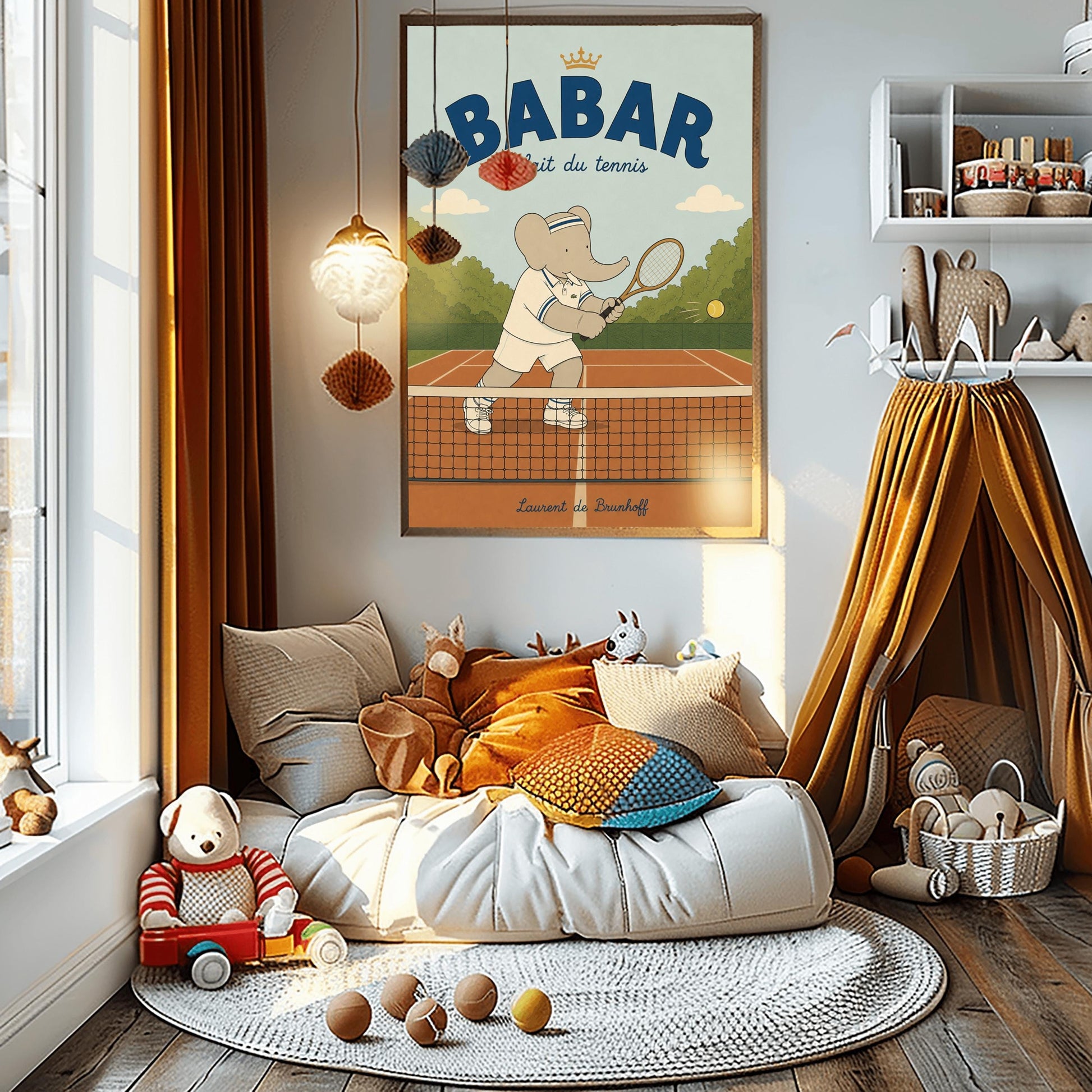 A vertical storybook-style art print featuring Babar the Elephant playing tennis. Babar is seen behind a tennis net on an orange clay court, holding a wooden racket in a backhand swing. He wears a white polo with blue stripes, white shorts, and a blue-and-white striped headband. A yellow tennis ball is in mid-air. The background has green trees and a light blue sky. The top reads "BABAR fait du tennis" with a small gold crown.