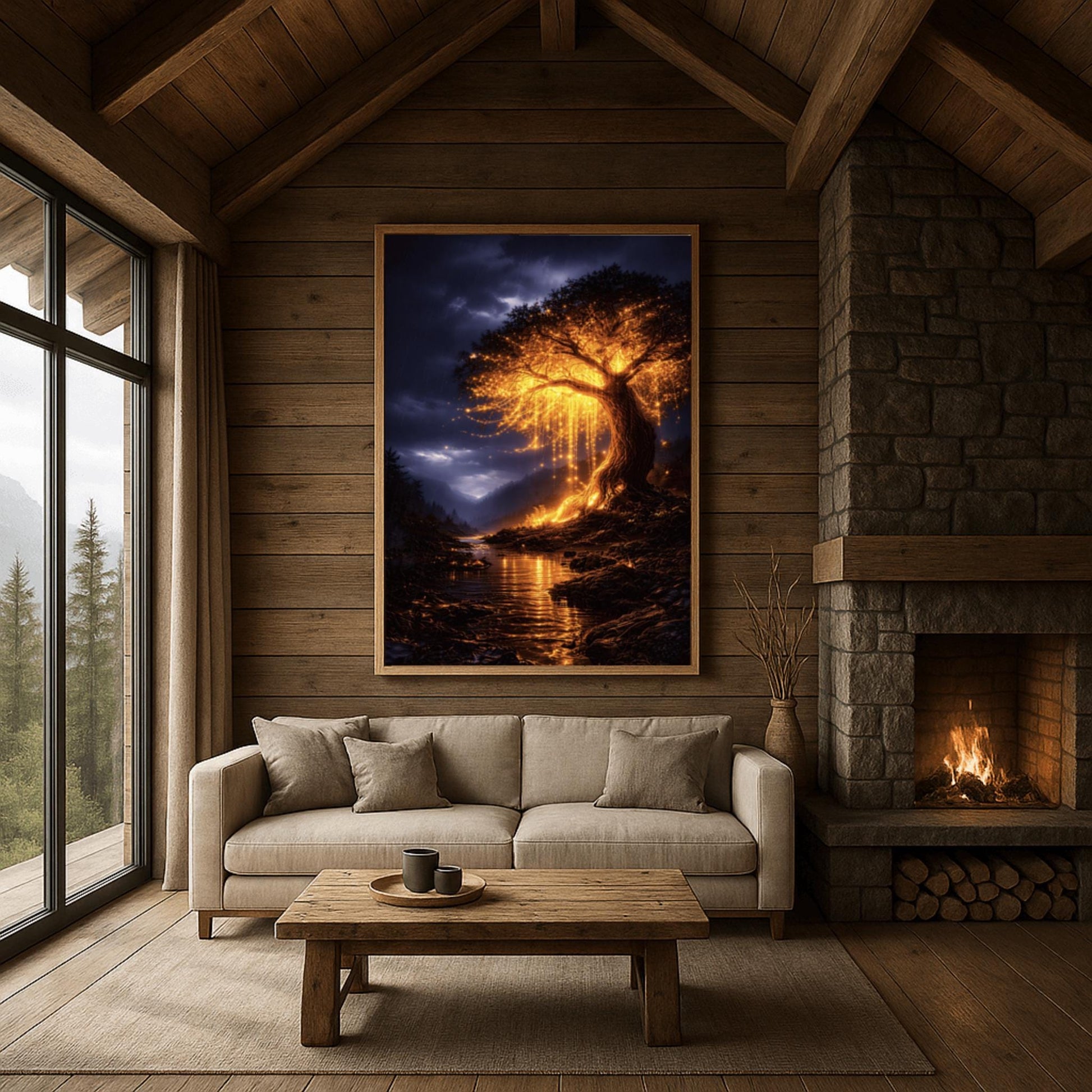 A vertical full-bleed illustration of a large weeping willow tree glowing with golden light in a stormy mountain valley. The tree stands by a dark river reflecting its gold light. The background features dark, rainy mountains and a moody indigo sky in the style of Gustav Klimt.