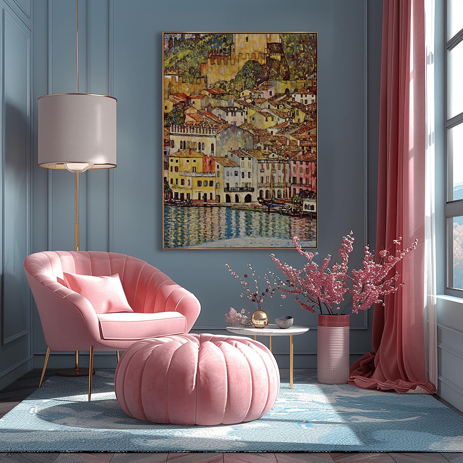 A vertical fine art reproduction of Gustav Klimt's "Malcesine on Lake Garda." The painting depicts a dense Italian village of colorful houses with red-tiled roofs nestled along a lake. A medieval castle stands on a hill above the town. The water in the foreground features vibrant blue and gold reflections. The style is a decorative, mosaic-like landscape typical of Klimt's later works.