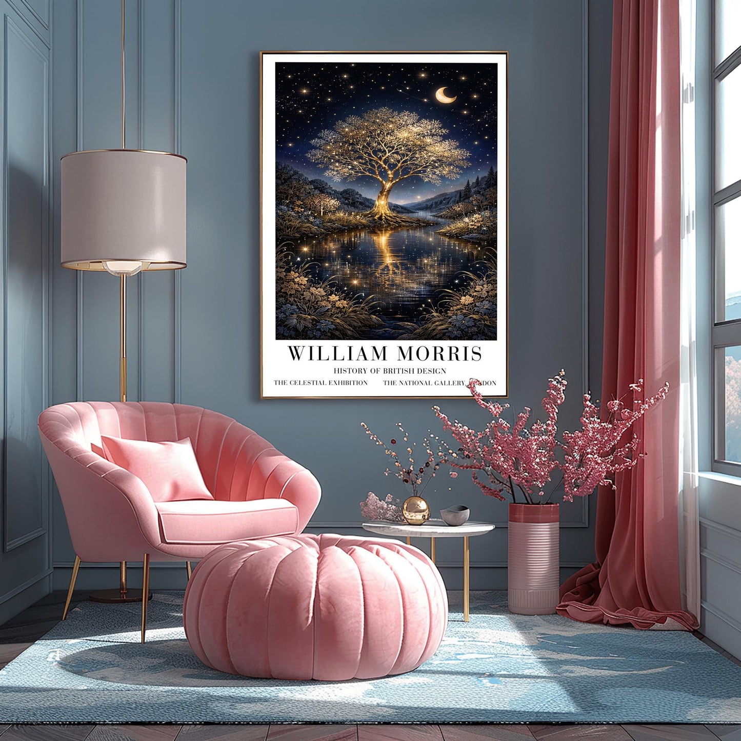 A vertical exhibition poster for "William Morris: History of British Design" at The National Gallery, London. The artwork features a large, glowing golden tree with intricate branches on a small island in the center of a river. The gold of the tree reflects vividly in the dark water below. A crescent moon and shooting star appear in a dark navy sky filled with many small stars. The scene is framed by golden wildflowers and dark hills. Bold black text at the bottom provides the exhibition details