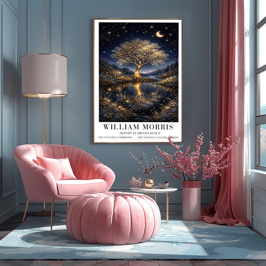 A vertical exhibition poster for "William Morris: History of British Design" at The National Gallery, London. The artwork features a large, glowing golden tree with intricate branches on a small island in the center of a river. The gold of the tree reflects vividly in the dark water below. A crescent moon and shooting star appear in a dark navy sky filled with many small stars. The scene is framed by golden wildflowers and dark hills. Bold black text at the bottom provides the exhibition details