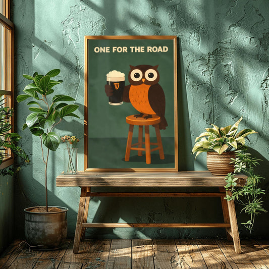 A vertical minimalist poster featuring a brown owl with large eyes sitting on a wooden bar stool. The owl is holding a pint of Guinness with its wing. At the top, cream-colored text reads "ONE FOR THE ROAD." The background is a dark, solid moss green.