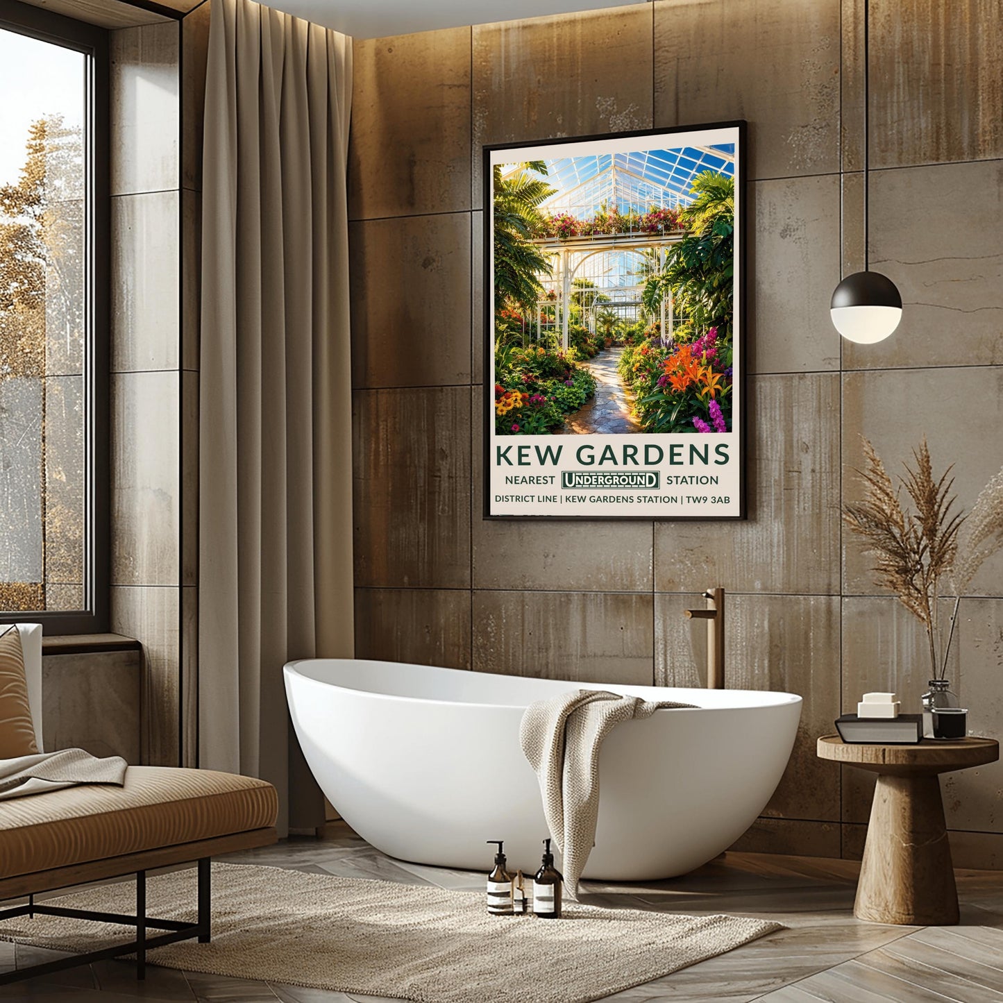 A vertical retro London Underground travel poster for Kew Gardens on a wide cream border. The top image shows a sun-drenched illustration inside a massive Victorian glasshouse conservatory. On the left, an elegant, ornate white wrought-iron spiral staircase winds upward. A pathway curves through a dense jungle of towering green fan palms, highlighted by bright pink and purple orchids and orange flowers.
