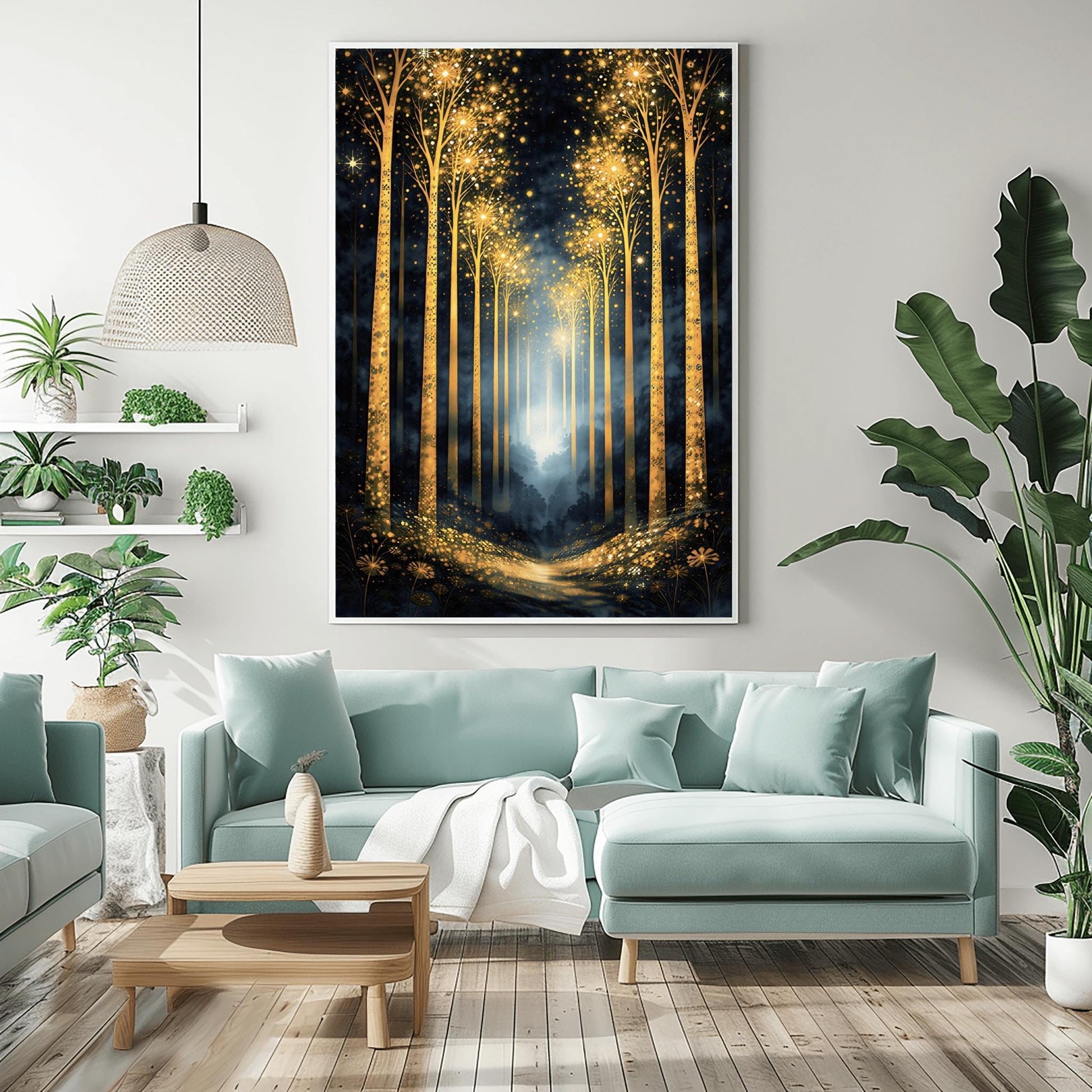 A vertical full-bleed illustration of a birch forest at night in the style of Gustav Klimt. The slender trunks are covered in golden patterns, and the tops of the trees explode into golden sparks and stars. A glowing golden path leads into a misty blue distance.