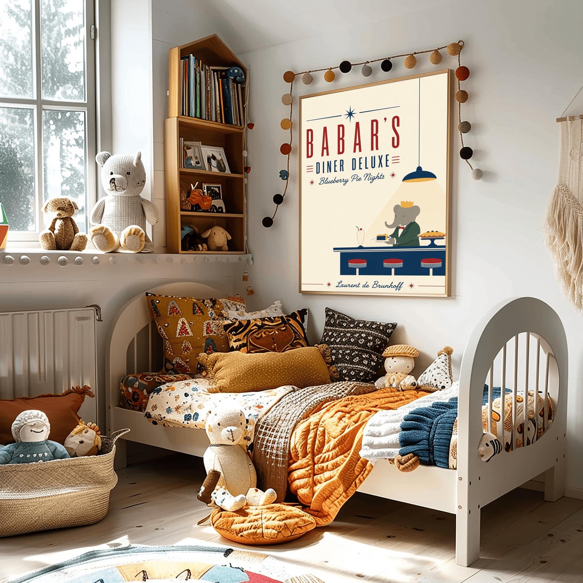 A minimalist graphic vintage-style poster on a solid cream background titled "BABAR'S DINER DELUXE - Blueberry Pie Nights" in bold red and blue typography. At the bottom right, the cartoon elephant King Babar wears a green suit and gold crown behind a dark blue counter. A single blue hanging lamp projects a sharp triangle of yellow light over him as he holds a plate with a slice of blueberry pie. On the counter sit three red-topped stools, a vintage milkshake, and a whole pie on a stand.