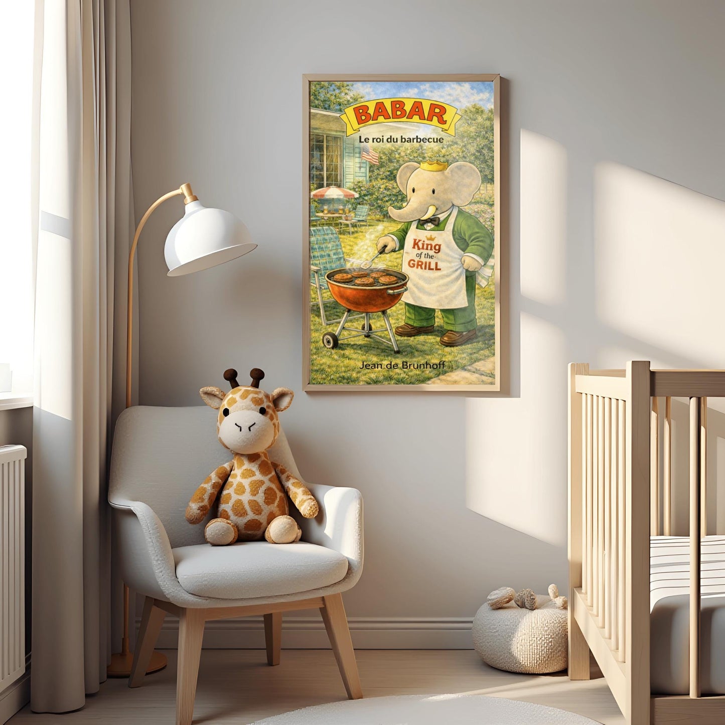 A vertical children's illustration poster titled "BABAR: Le roi du barbecue." King Babar, in a green suit and crown, stands in a sunny backyard wearing a white apron that says "King of the Grill." He is using a spatula to flip burgers on a red charcoal grill. The background shows a lush green lawn, retro patio chairs, a striped umbrella, and an American flag hanging from a house in the distance. The name "Jean de Brunhoff" is at the bottom.