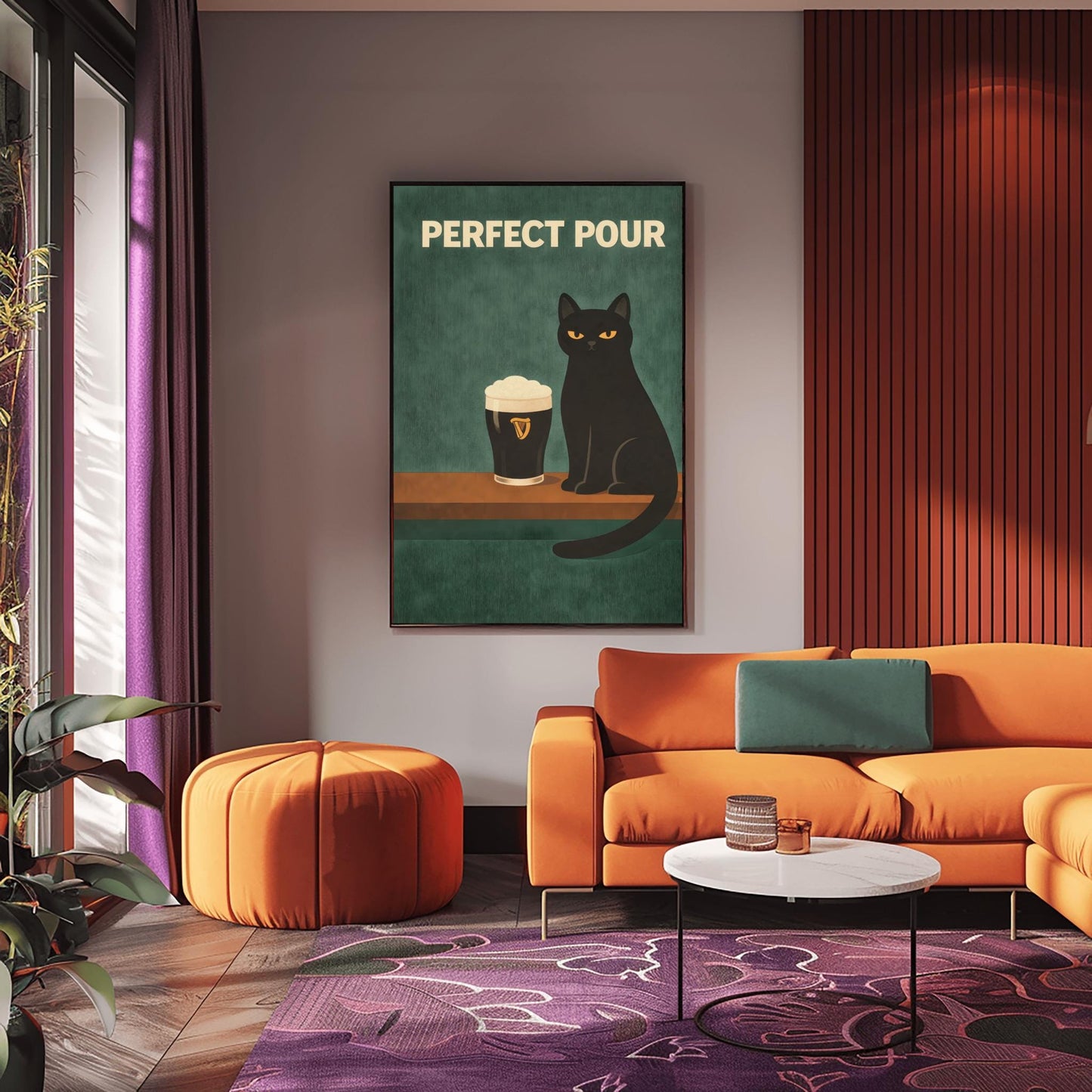 A vertical modern illustration of a sleek black cat with yellow eyes sitting on a wooden bar ledge next to a pint of Guinness. The text "PERFECT POUR" is written in bold cream letters at the top. The background is a dark, textured teal-green.