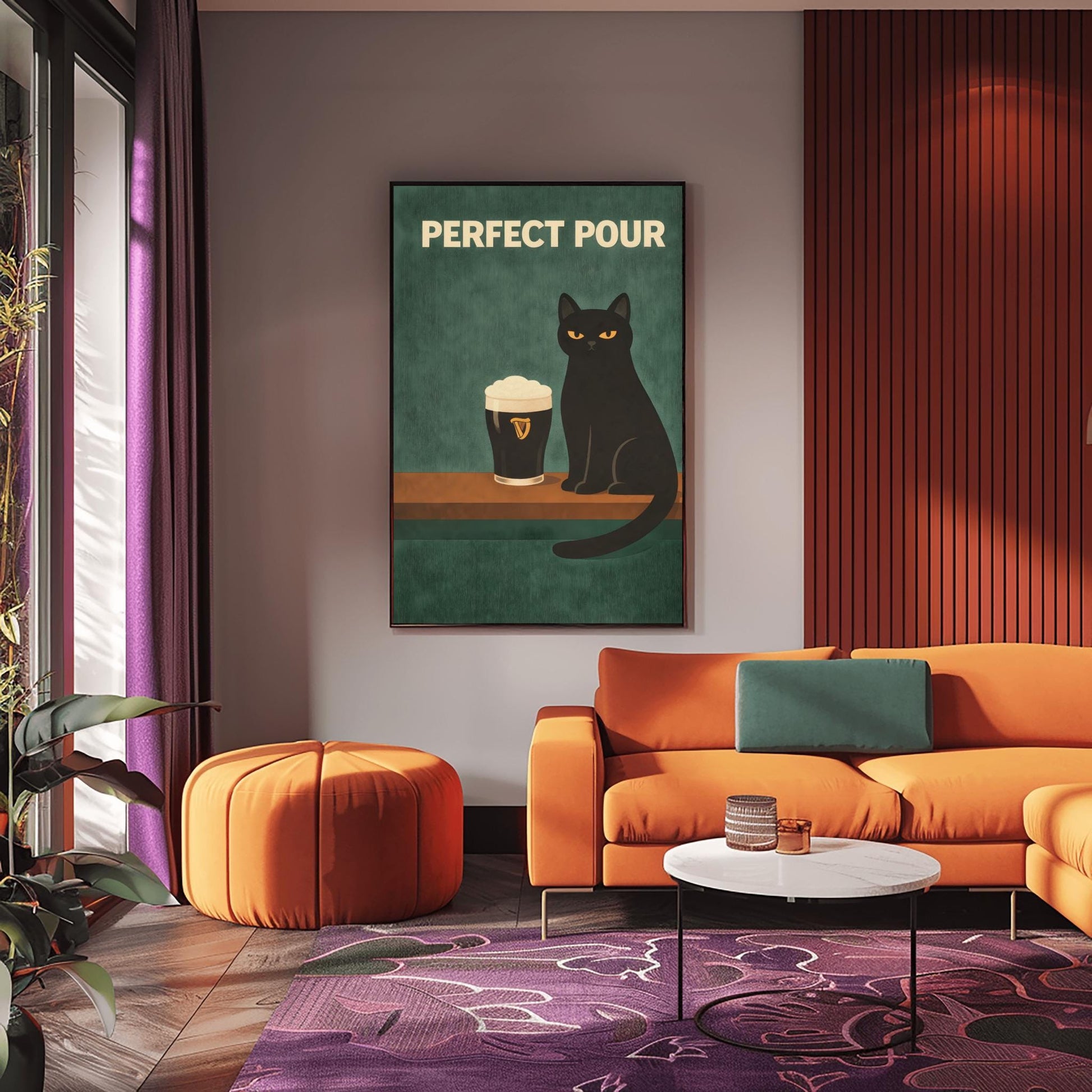 A vertical modern illustration of a sleek black cat with yellow eyes sitting on a wooden bar ledge next to a pint of Guinness. The text "PERFECT POUR" is written in bold cream letters at the top. The background is a dark, textured teal-green.