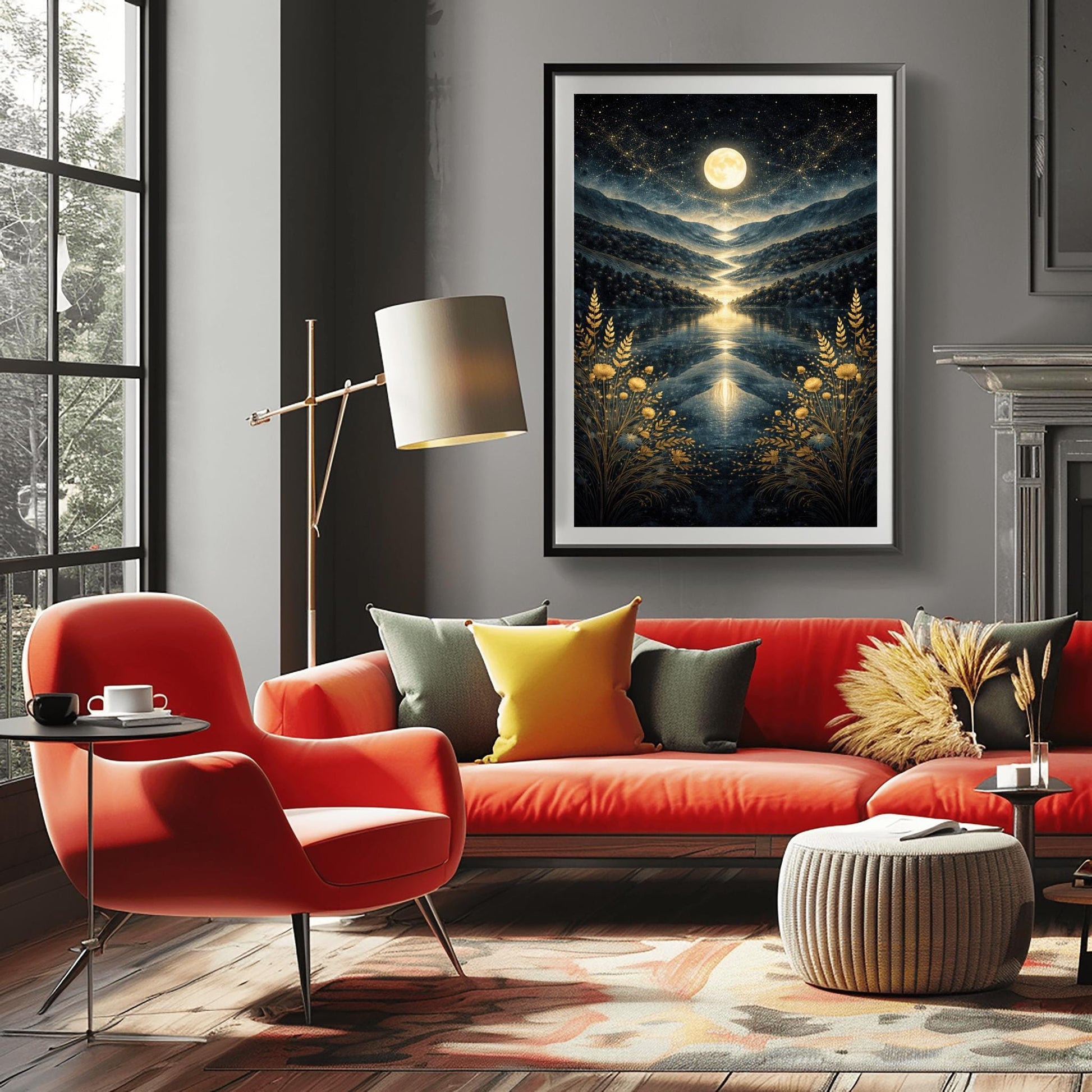 A vertical Art Nouveau illustration in the style of Gustav Klimt. A golden full moon and swirling stardust fill a dark blue sky above a symmetrical mountain valley. A river of light flows into a lake in the center, framed by golden wheat and flowers in the foreground.