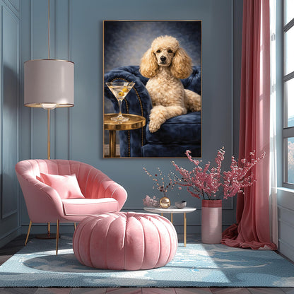 A vertical oil-style painting of a well-groomed white poodle sitting regally on a plush, dark blue velvet tufted armchair. To the left, a glass martini with two green olives on a toothpick sits on a round gold side table. The poodle has a calm, sophisticated expression. The background is a moody, dark grey-blue with visible painterly textures.