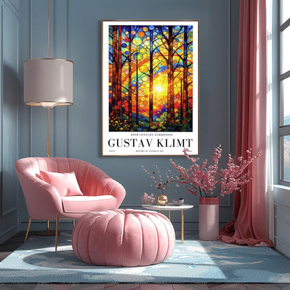 A vertical museum exhibition poster in the style of Gustav Klimt. A bright sun radiates light through a forest where the leaves are represented by colorful circles resembling stained glass. The foreground features detailed flowers and leaves. Bold black text at the bottom reads "GUSTAV KLIMT" and "HISTORY OF AUSTRIAN ART."