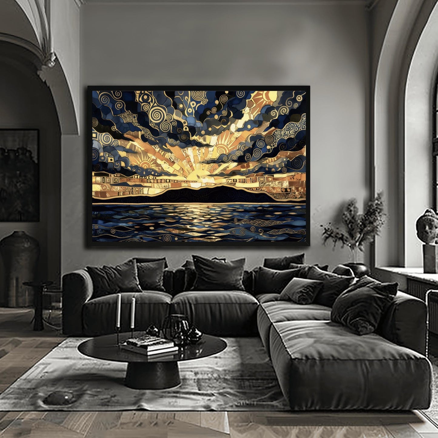 A horizontal fine art print in the style of Gustav Klimt. A golden sun sets behind a black mountain silhouette over a dark blue sea. The sky and water are filled with intricate gold leaf spirals, mosaic patterns, and geometric shapes. The color palette is a high-contrast blend of deep navy, charcoal, and radiant gold.