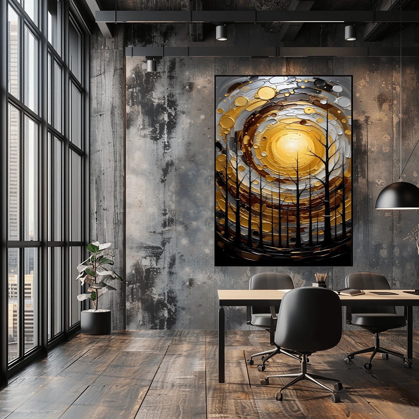 A vertical abstract painting in the style of Gustav Klimt. A group of black, silhouetted tree trunks stand in the foreground against a massive, swirling sun composed of concentric rings of gold, silver, and cream. The background is a dark, moody grey. The style features heavy, thick paint textures and metallic-looking circular accents scattered throughout.
