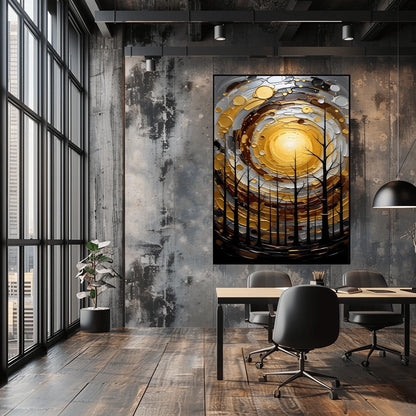 A vertical abstract painting in the style of Gustav Klimt. A group of black, silhouetted tree trunks stand in the foreground against a massive, swirling sun composed of concentric rings of gold, silver, and cream. The background is a dark, moody grey. The style features heavy, thick paint textures and metallic-looking circular accents scattered throughout.