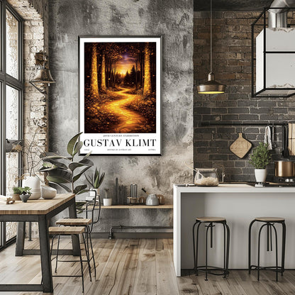 A vertical exhibition poster for Gustav Klimt. A glowing golden path winds through a dark, moody forest at night. Ornate trees with golden mosaic patterns frame the scene. Below the art, bold black text reads "GUSTAV KLIMT" and "20th Century Exhibition."