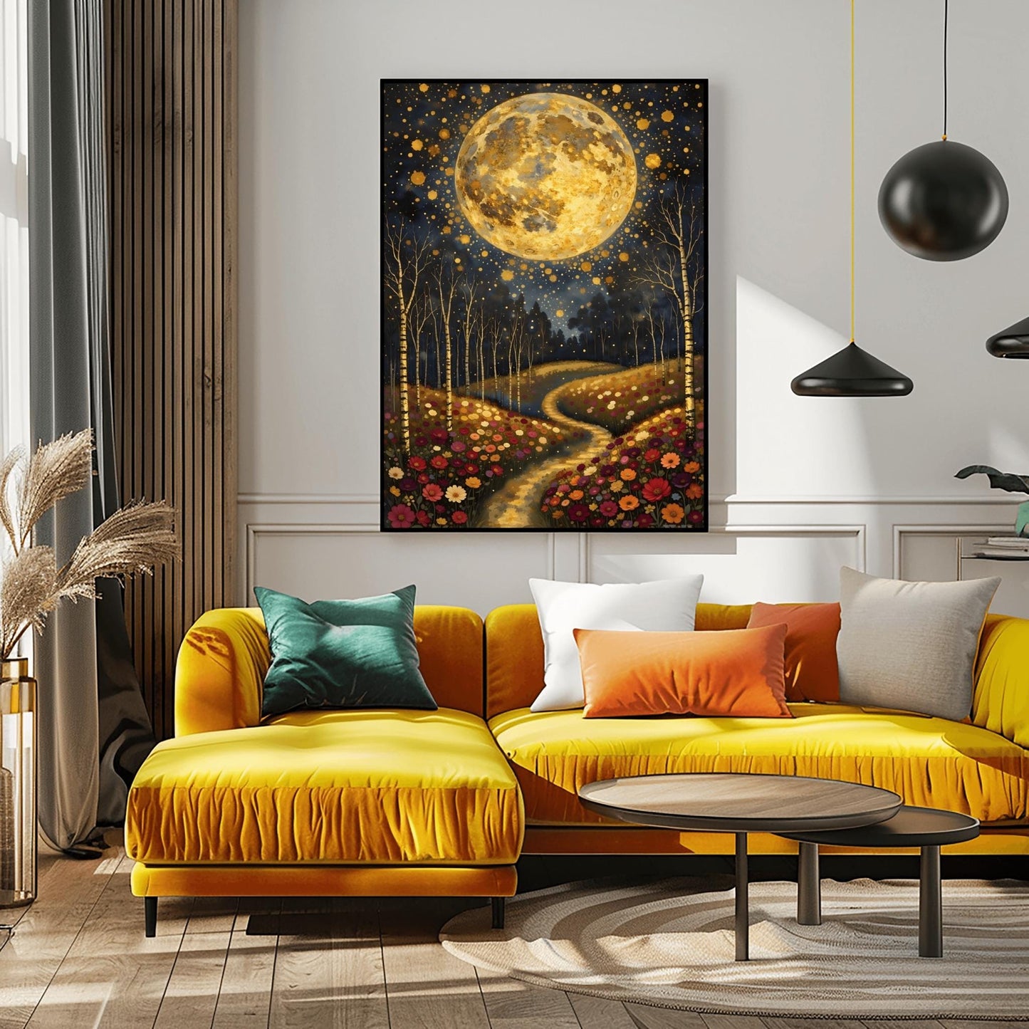 A vertical fine art painting in the style of Gustav Klimt. A massive, textured golden moon fills the upper half of a dark, starlit sky. Below, a winding golden path leads through a lush field of colorful wildflowers including pink, red, and white blooms. Slender birch trees with gold accents frame the meadow. The style is highly decorative with mosaic patterns and shimmering light effects.