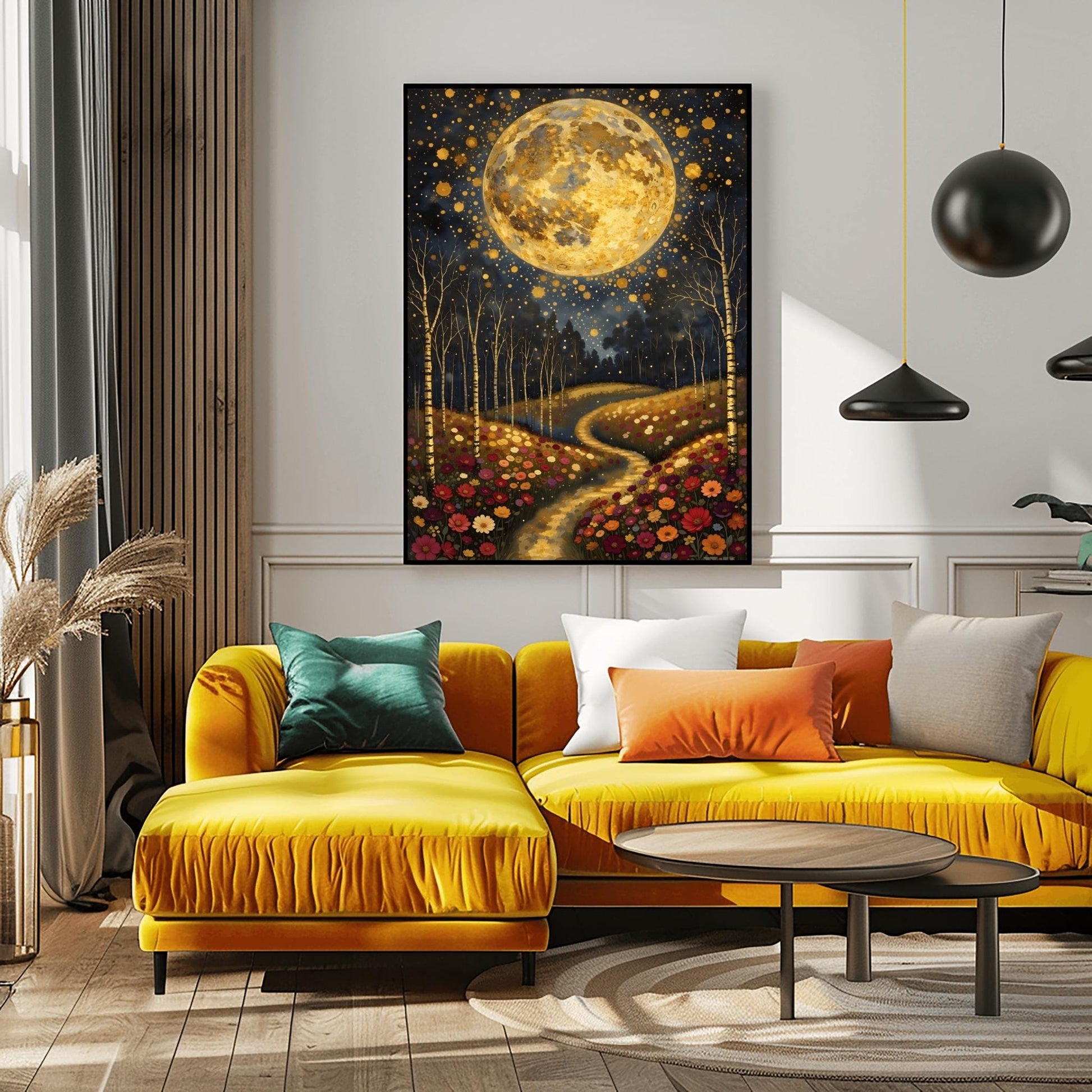 A vertical fine art painting in the style of Gustav Klimt. A massive, textured golden moon fills the upper half of a dark, starlit sky. Below, a winding golden path leads through a lush field of colorful wildflowers including pink, red, and white blooms. Slender birch trees with gold accents frame the meadow. The style is highly decorative with mosaic patterns and shimmering light effects.
