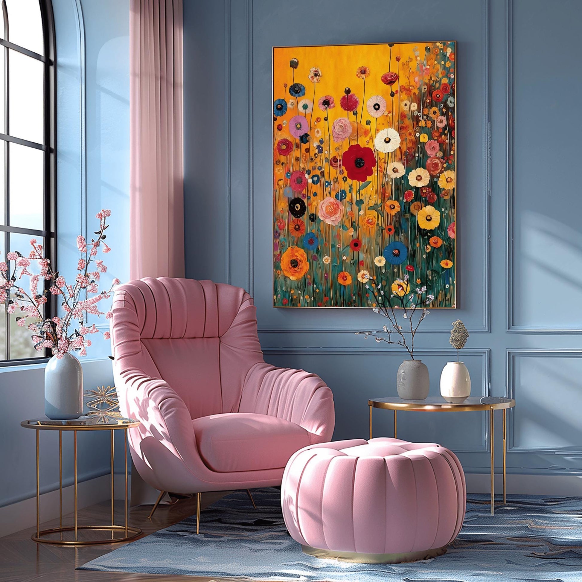A vertical fine art print in the style of Gustav Klimt featuring a dense field of wildflowers. Red, blue, pink, and yellow flowers on long, thin green stalks grow against a solid amber-gold background. The painting features small ornamental dots and mosaic details throughout the meadow.